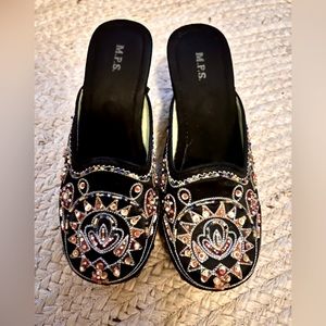 Embroidered satin clogs